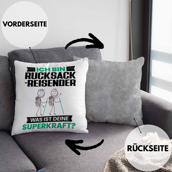 Rucksackreisender Kissen mit Füllung 40x40 Geschenk für Rucksackreisender Geburtstag Lustiger Spruch Was Ist Deine Superkraft (Grau) Grau Trendation