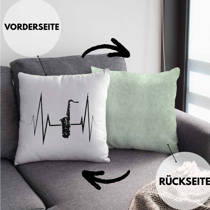 Saxophon Kissen mit Füllung 40x40 Geschenk Herzschlag Saxophonist Kaffee Geschenkidee Lustig (Grau) Grün Trendation