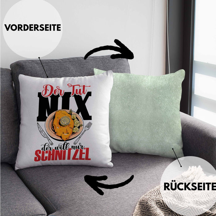 Schnitzel Kissen mit Füllung 40x40 "Der tut nix, der will nur Schnitzel" Geschenkidee für Schnitzelliebhaber (Grau) Grün Trendation