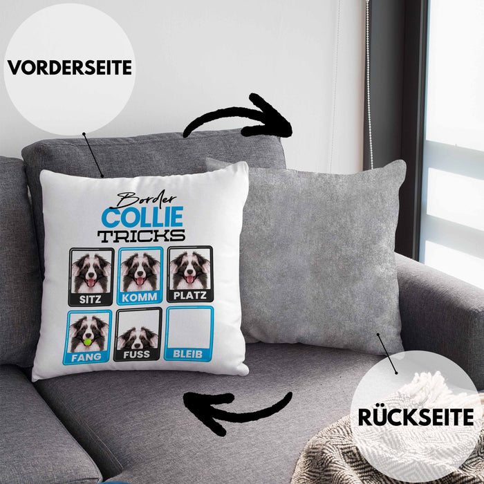 Border Collies Besitzer Kissen mit Füllung 40x40 Geschenk Lustiger Spruch Geschenkidee Border Collies Tricks Bleib (Grau) Grau Trendation