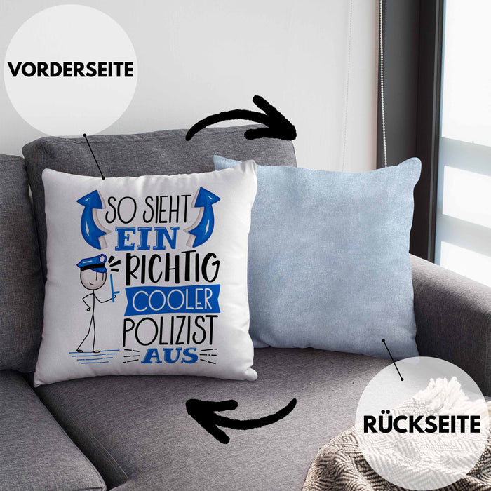 Polizist Kissen mit Füllung 40x40 Geschenk So Sieht Ein RIchtig Cooler Polizist Aus Geschenkidee Lustiger Spruch Geburtstag (Grau) Blau Trendation