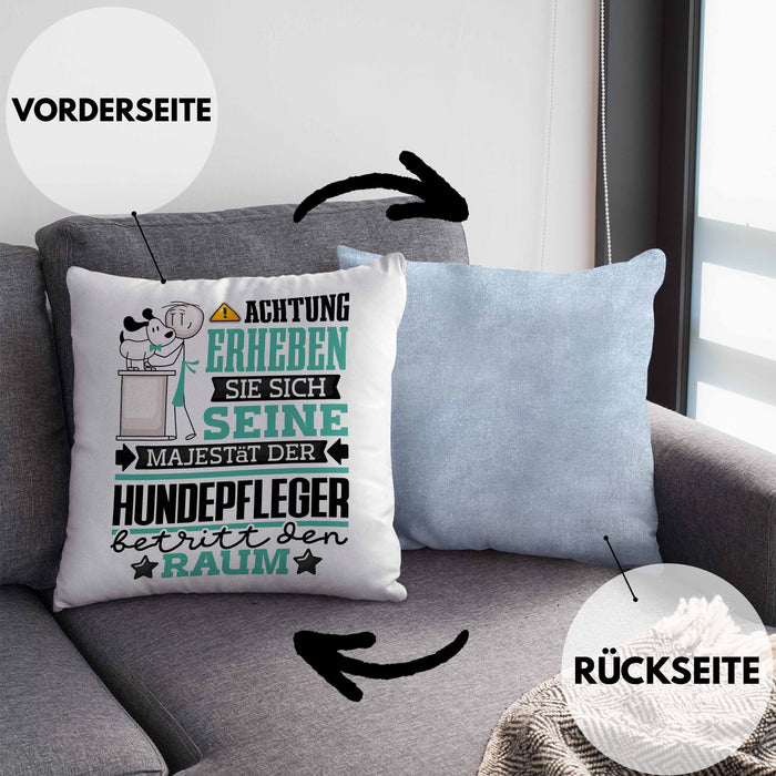 Hundepfleger Geschenk Kissen mit Füllung 40x40 Lustiger Spruch Erheben Sie Sich Der Hundepfleger Betritt den Raum (Grau) Blau Trendation