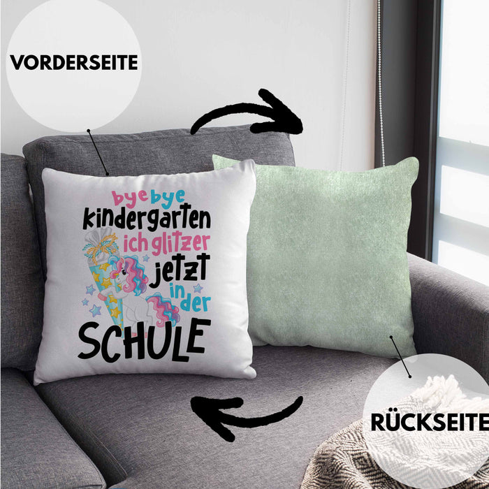 Bye Bye Kindergarten Einschulung Mädchen Geschenk Kissen mit Füllung 40x40 Schulstart 1. Schultag Schuleinführung Schulanfang Geschenkidee 2024 Schulkind Ich Glitzer Jetzt In Der Schule (Grau) Grün Trendation