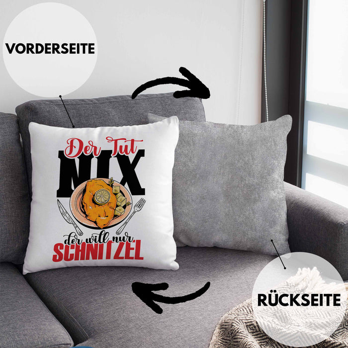 Schnitzel Kissen mit Füllung 40x40 "Der tut nix, der will nur Schnitzel" Geschenkidee für Schnitzelliebhaber (Grau) Grau Trendation