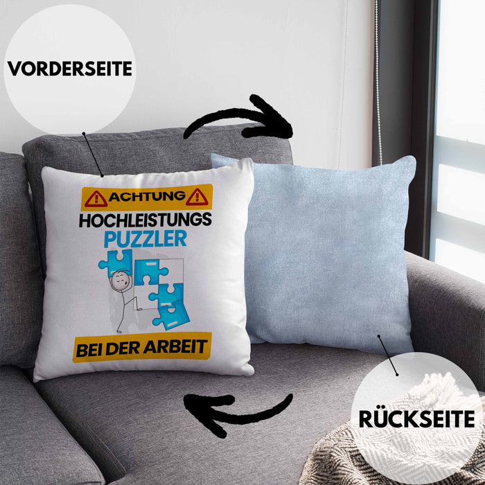 Puzzler Kissen mit Füllung 40x40 Geschenk Lustiger Spruch Geschenkidee für Puzzler Achtung Hochleistungs Puzzler Bei Der Arbeit (Grau) Blau Trendation