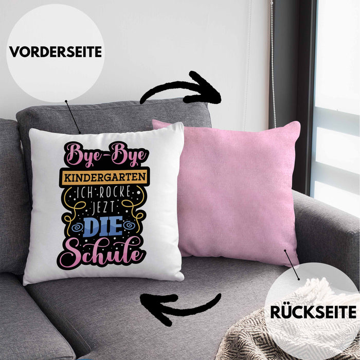 Einschulung Kissen mit Füllung 40x40 "Bye-Bye Kindergarten, Ich rocke jetzt die Schule" Geschenk für Schulanfänger (Grau) Rosa Trendation