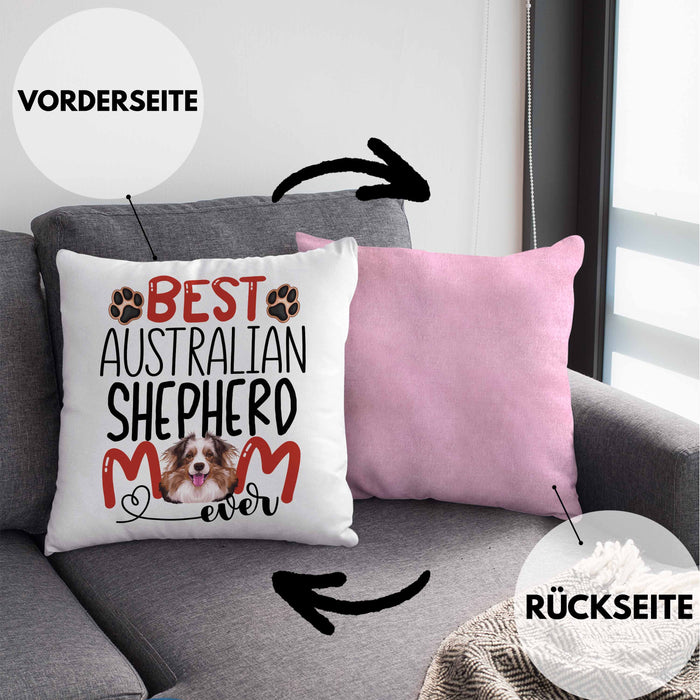 Australian Shepherd Mom Besitzerin Kissen mit Füllung 40x40 Geschenk Lustiger Spruch Geschenkidee Besitzerin Australian Shepherd Mama (Grau) Rosa Trendation