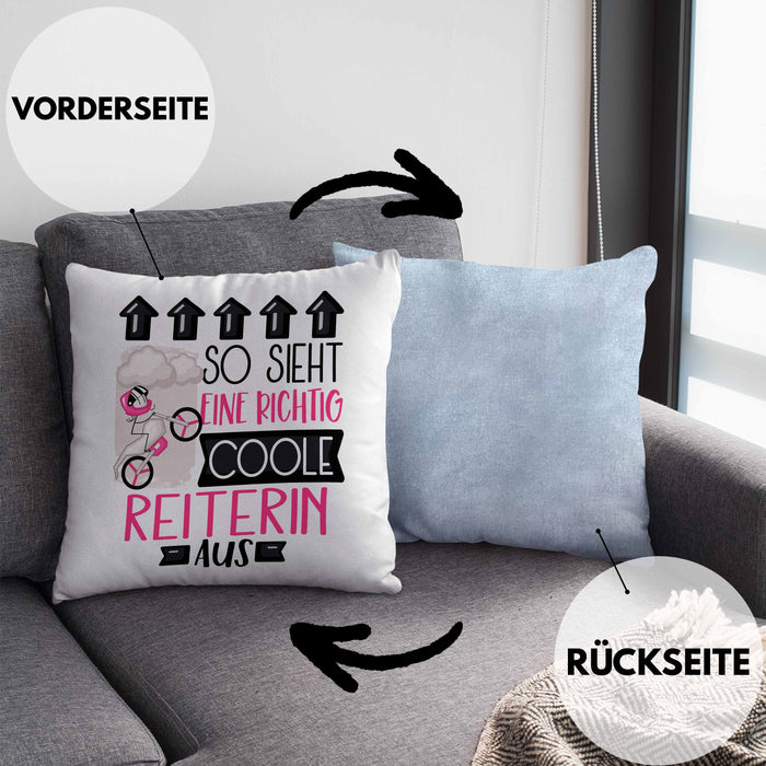 Reiterin Geschenk Kissen mit Füllung 40x40 Lustig Geschenkidee für Reiterin Geburtstag So Sieht Eine Richtig Coole Reiterin Aus Frauen Spruch (Grau) Blau Trendation