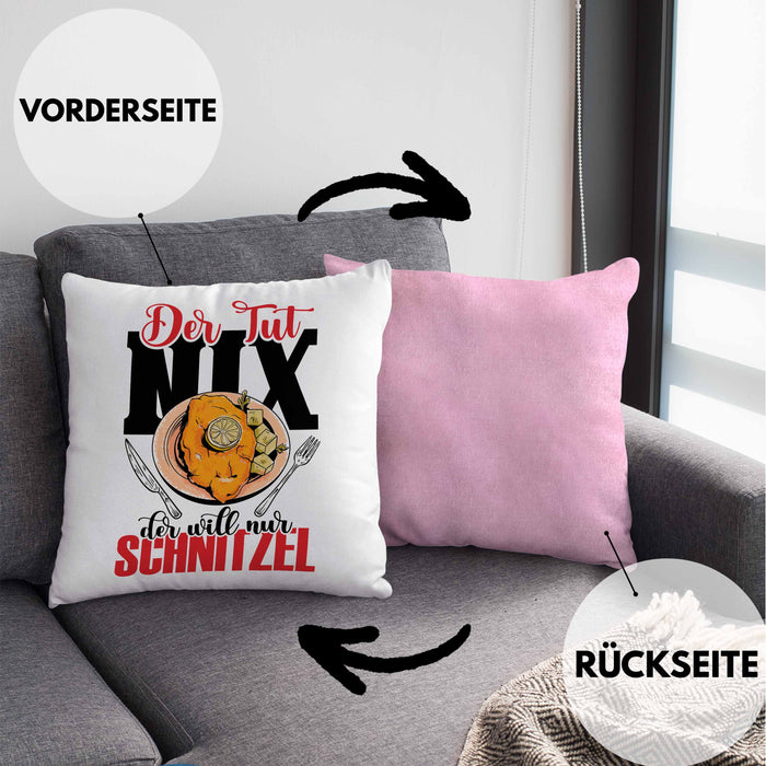 Schnitzel Kissen mit Füllung 40x40 "Der tut nix, der will nur Schnitzel" Geschenkidee für Schnitzelliebhaber (Grau) Rosa Trendation