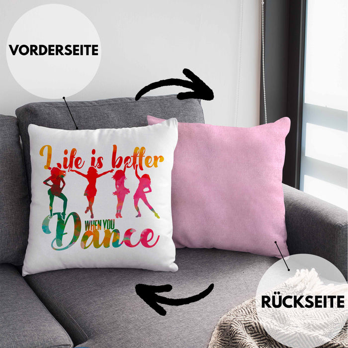 Tanzen Kissen mit Füllung 40x40 Geschenk für Tänzerin Life Is Better When You Dance (Grau) Rosa Trendation