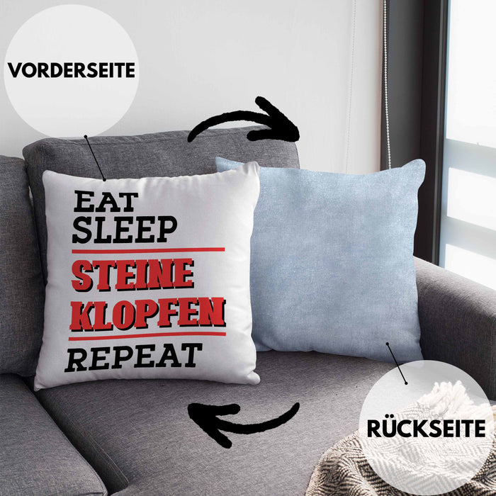 Steinmetz Kissen mit Füllung 40x40 Geschenk Spruch Geschenkidee Eat Sleep Steine Klopfen Repeat (Grau) Blau Trendation