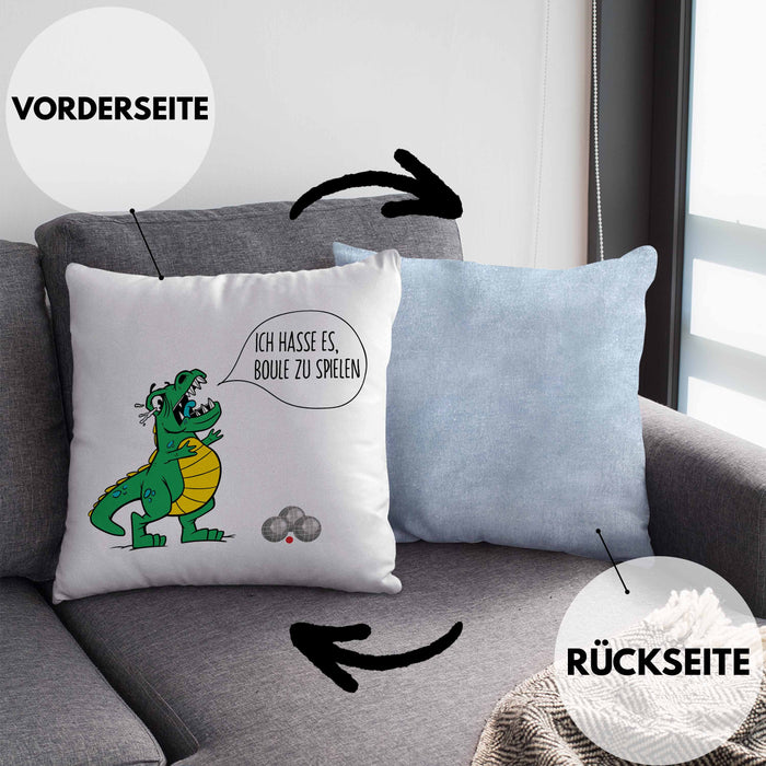 Boule Kissen mit Füllung 40x40 Geschenk Boule-Spieler Geschenkidee Spruch T-Rex Dino Ich Hasse Boule Spielen (Grau) Blau Trendation