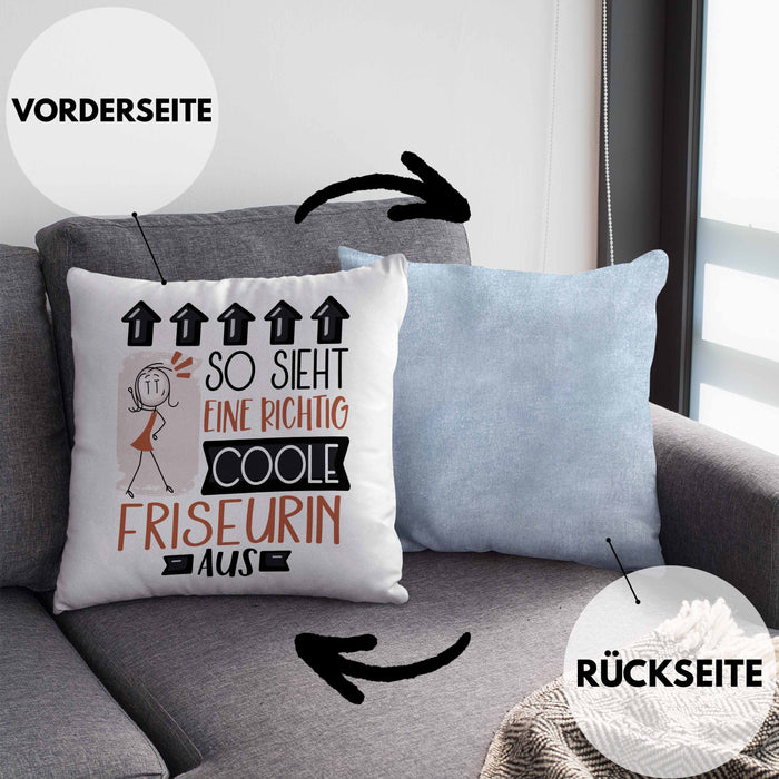 Friseurin Geschenk Kissen mit Füllung 40x40 Lustig Geschenkidee für Friseurin Geburtstag So Sieht Eine Richtig Coole Friseurin Aus Frauen Spruch (Grau) Blau Trendation