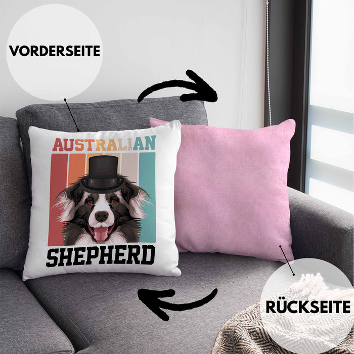 Australian Shepherd Besitzer Kissen mit Füllung 40x40 Geschenk Lustiger Spruch Geschenkidee Retro Vinatge Australian Shepherd (Grau) Rosa Trendation