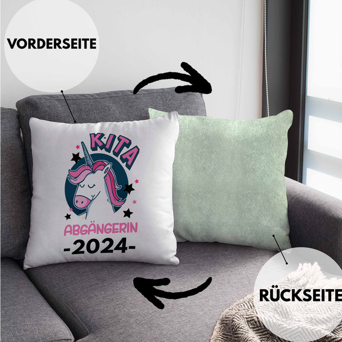 Kita Abgängerin 2024 Schulstart Kissen mit Füllung 40x40 Geschenk Mädchen Einschulung Schulanfang Erster Schultag Idee (Grau) Grün Trendation