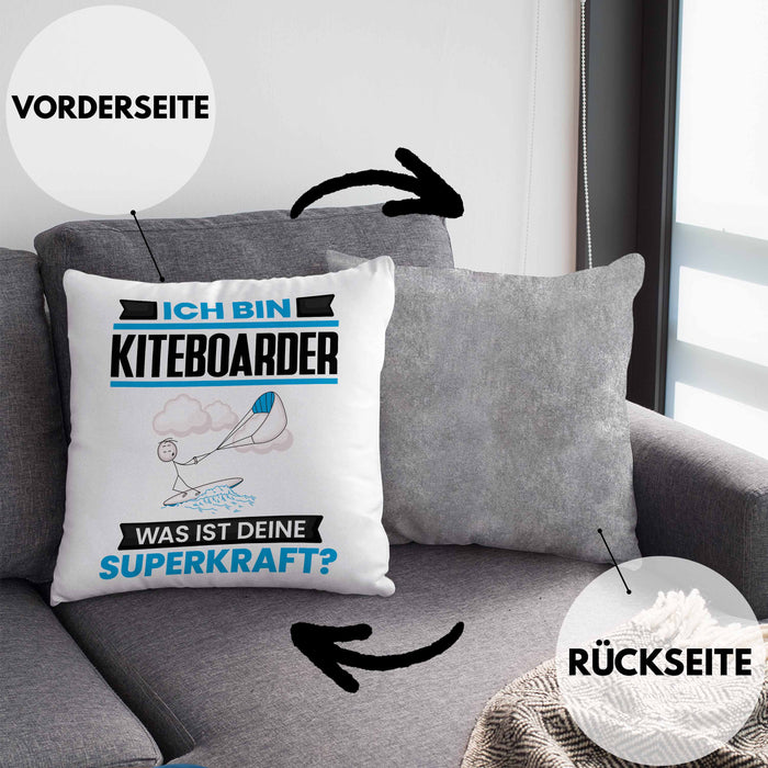 Kiteboarder Kissen mit Füllung 40x40 Geschenk für Kiteboarder Geburtstag Lustiger Spruch Was Ist Deine Superkraft (Grau) Grau Trendation