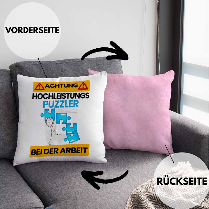 Puzzler Kissen mit Füllung 40x40 Geschenk Lustiger Spruch Geschenkidee für Puzzler Achtung Hochleistungs Puzzler Bei Der Arbeit (Grau) Rosa Trendation