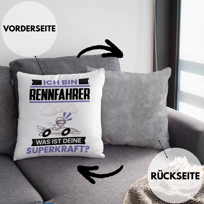 Rennfahrer Kissen mit Füllung 40x40 Geschenk für Rennfahrer Geburtstag Lustiger Spruch Was Ist Deine Superkraft (Grau) Grau Trendation