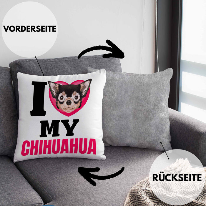 Chihuahua Besitzerin Kissen mit Füllung 40x40 Geschenk Lustiger Spruch Geschenkidee I Love My Chihuahua (Grau) Grau Trendation
