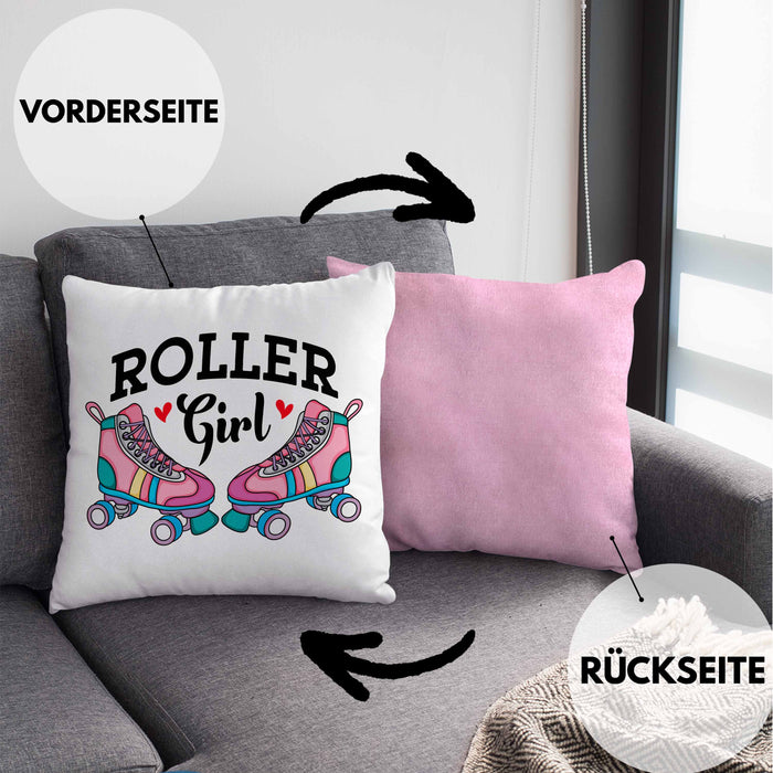 Rollschuh Kissen mit Füllung 40x40 Geschenk für Roller Girls "Roller Girl" Nostalgie 80er 90er Jahre (Grau) Rosa Trendation
