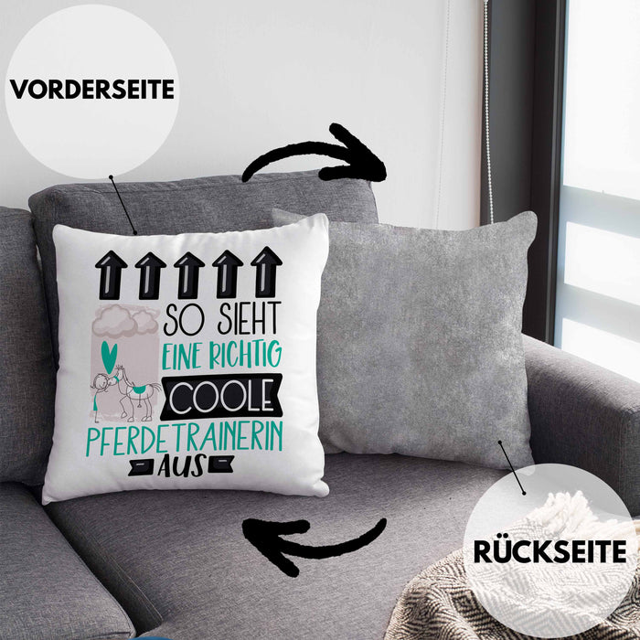 Pferdetrainerin Geschenk Kissen mit Füllung 40x40 Lustig Geschenkidee für Pferdetrainerin Geburtstag So Sieht Eine Richtig Coole Pferdetrainerin Aus Frauen Spruch (Grau) Grau Trendation