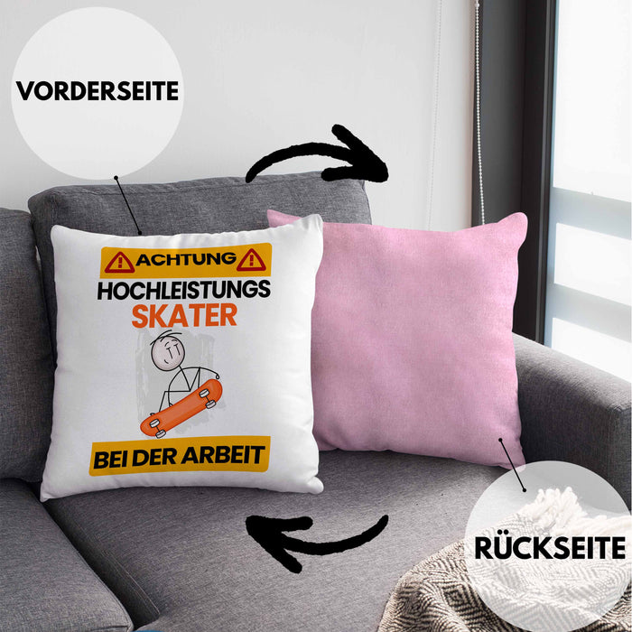 Skater Kissen mit Füllung 40x40 Geschenk Lustiger Spruch Geschenkidee für Skater Achtung Hochleistungs Skater Bei Der Arbeit (Grau) Rosa Trendation