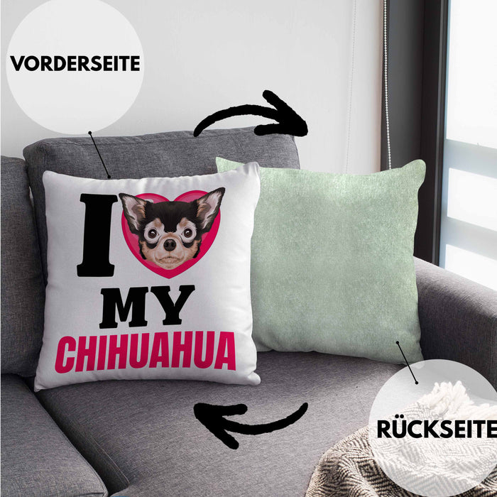 Chihuahua Besitzerin Kissen mit Füllung 40x40 Geschenk Lustiger Spruch Geschenkidee I Love My Chihuahua (Grau) Grün Trendation