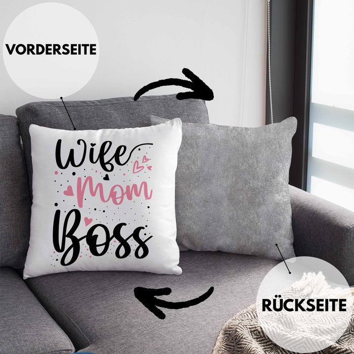 Wife Mom Boss Kissen mit Füllung 40x40 Geschenk Mutter Mama zum Muttertag Muttertagsgeschenk (Grau) Grau Trendation