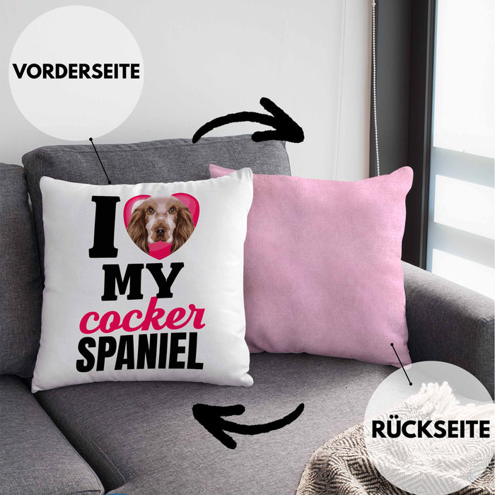 Cocker Spaniel Besitzerin Kissen mit Füllung 40x40 Geschenk Lustiger Spruch Geschenkidee I Love My Cocker Spaniel (Grau) Rosa Trendation