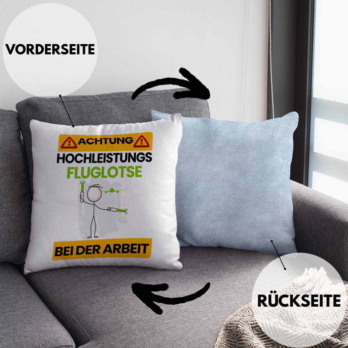 Fluglotse Kissen mit Füllung 40x40 Geschenk Lustiger Spruch Geschenkidee für Fluglotse Achtung Hochleistungs Fluglotse Bei Der Arbeit (Grau) Blau Trendation
