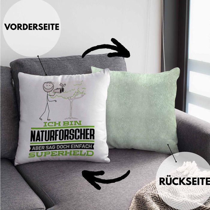 Naturforscher Geschenk Kissen mit Füllung 40x40 Ich Bin Naturforscher Aber Sag Doch Einfach Superheld Lustige Geschenkdiee für Naturforscher (Grau) Grün Trendation