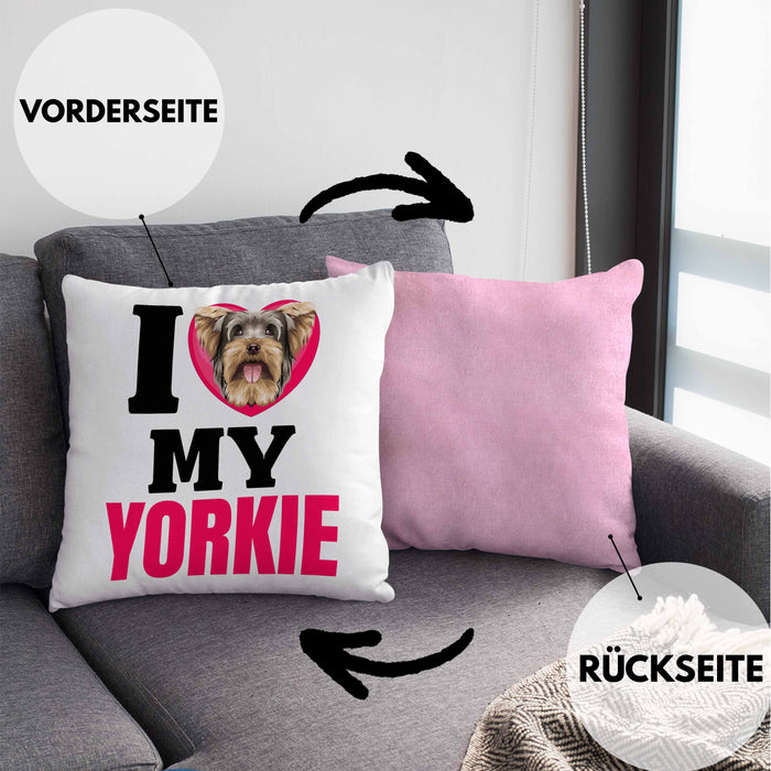 Yorkie Besitzerin Kissen mit Füllung 40x40 Geschenk Lustiger Spruch Geschenkidee I Love My Yorkie (Grau) Rosa Trendation