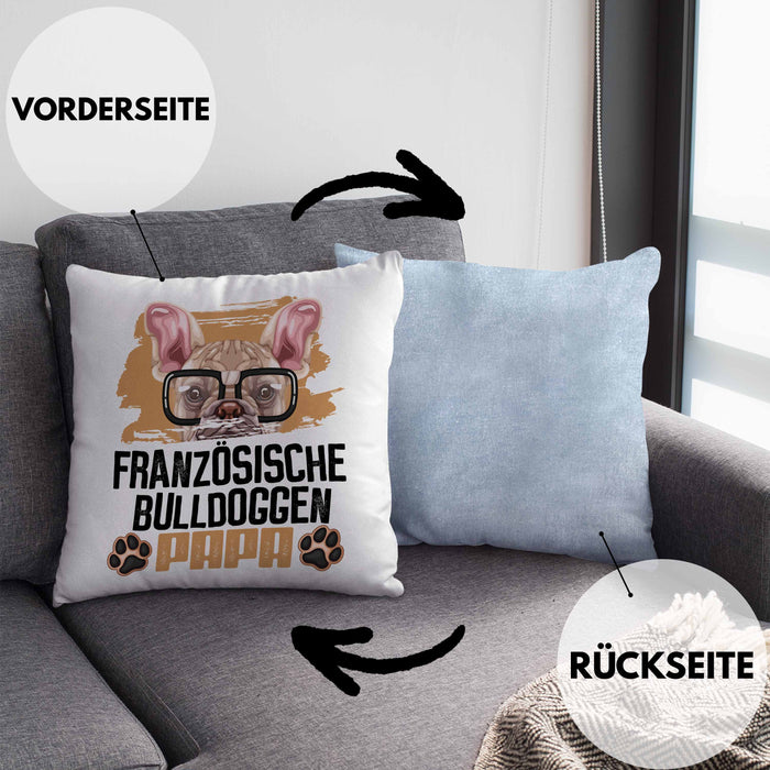 Französische Bulldogge Papa Besitzer Kissen mit Füllung 40x40 Geschenk Lustiger Spruch Geschenkidee Französische Bulldogge Liebhaber (Grau) Blau Trendation
