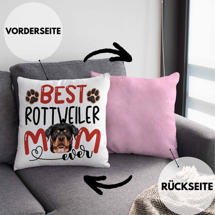 Rottweiler Mom Besitzerin Kissen mit Füllung 40x40 Geschenk Lustiger Spruch Geschenkidee Besitzerin Rottweiler Mama (Grau) Rosa Trendation