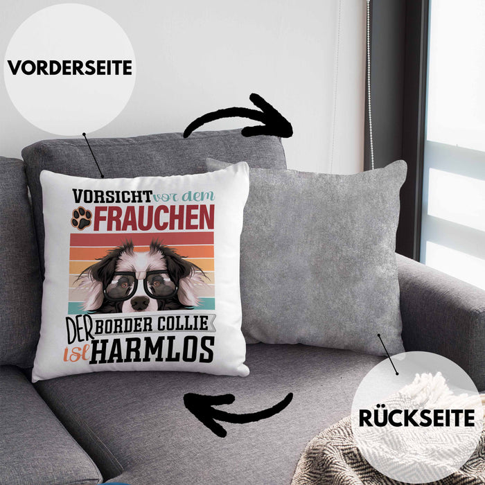 Border Collies Besitzerin Frauchen Kissen mit Füllung 40x40 Geschenk Lustiger Spruch Geschenkidee Vorsicht Vor Dem Frauchen (Grau) Grau Trendation