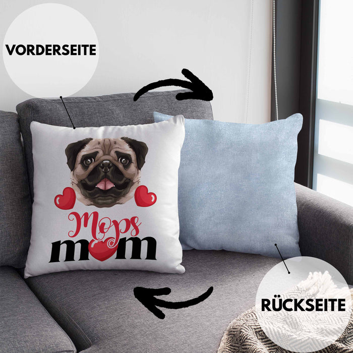 Mops Besitzer Mom Mama Kissen mit Füllung 40x40 Geschenk Lustiger Spruch Geschenkidee Mops Besitzerin (Grau) Blau Trendation