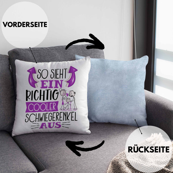 Schwiegerenkel Kissen mit Füllung 40x40 Geschenk So Sieht Ein RIchtig Cooler Schwiegerenkel Aus Geschenkidee Lustiger Spruch Geburtstag (Grau) Blau Trendation