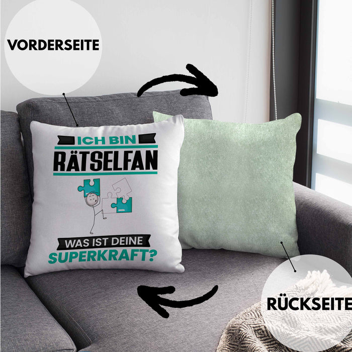 Rätselfan Kissen mit Füllung 40x40 Geschenk für Rätselfan Geburtstag Lustiger Spruch Was Ist Deine Superkraft (Grau) Grün Trendation