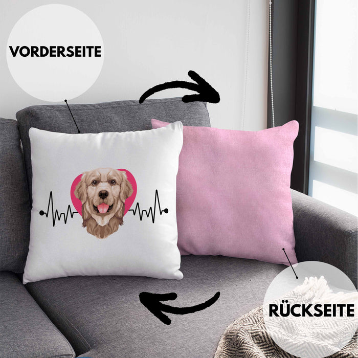 Golden Retriever Besitzer Kissen mit Füllung 40x40 Geschenk Lustiger Spruch Geschenkidee Herzschlag Golden Retriever (Grau) Rosa Trendation