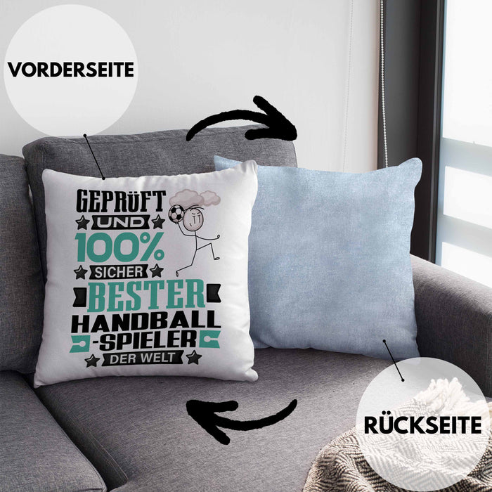 Handballspieler Geschenk Lustiger Spruch für Handballspieler Geschenkidee Bester Handballspieler Der WeltKissen mit Füllung 40x40 (Grau) Blau Trendation