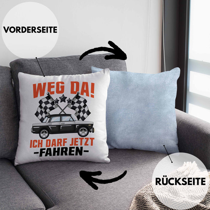 Führerschein Bestanden Geschenk Kissen mit Füllung 40x40 Bestandener Führerschein Weg Da Ich Darf Jetzt Fahren Fahrschule (Grau) Blau Trendation