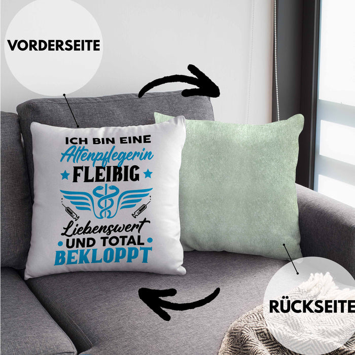 Altenpflegerin Kissen mit Füllung 40x40 Geschenk Altenpflege Geschenkidee Liebenswert und Total Bekloppt Altenheim (Grau) Grün Trendation
