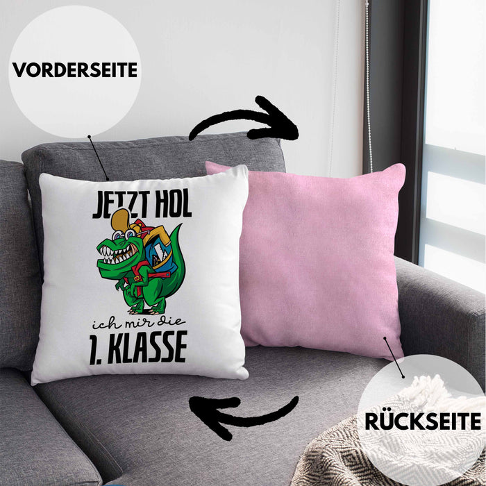 Kissen mit Füllung 40x40 Einschulung Dino T-rex Motiv Geschenk für Jungs in der 1. Klasse Schulstart (Grau) Rosa Trendation