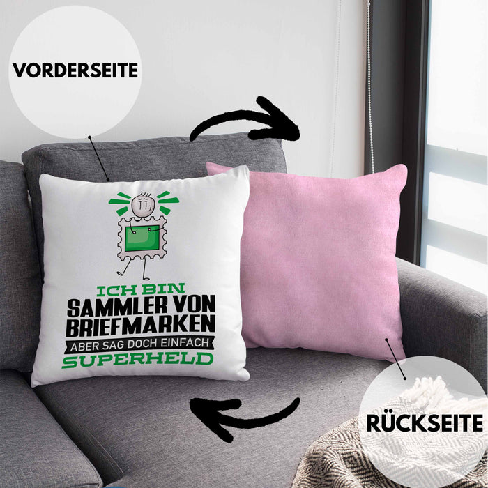 SammlervonBriefmarken Geschenk Kissen mit Füllung 40x40 Ich Bin SammlervonBriefmarken Aber Sag Doch Einfach Superheld Lustige Geschenkdiee für SammlervonBriefmarken (Grau) Rosa Trendation