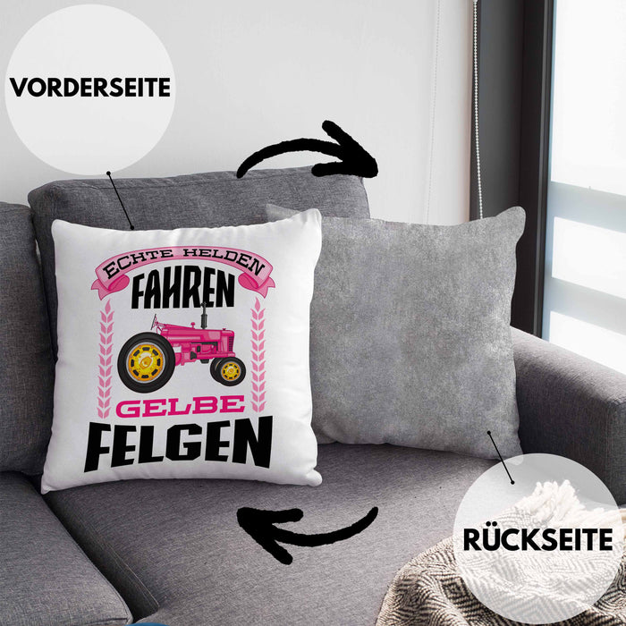Landwirtin Spruch Frau Geschenk Kissen mit Füllung 40x40 Landwirtschaft Geschenke für Männer Traktor Spruch Echte Felgen (Grau) Grau Trendation