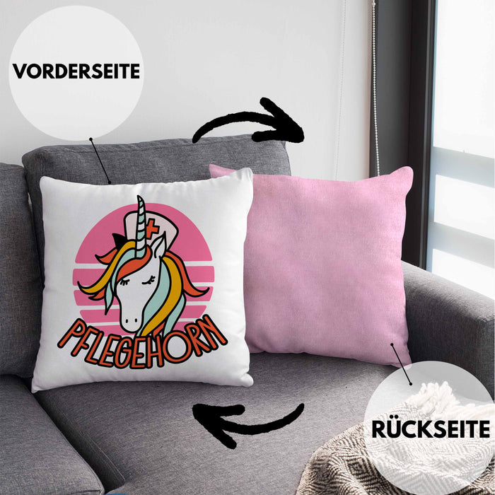 Lustige Pflege Geschenkidee für Pflegerinnen Kissen mit Füllung 40x40 Einhorn "Pflegehorn" Spruch (Grau) Rosa Trendation