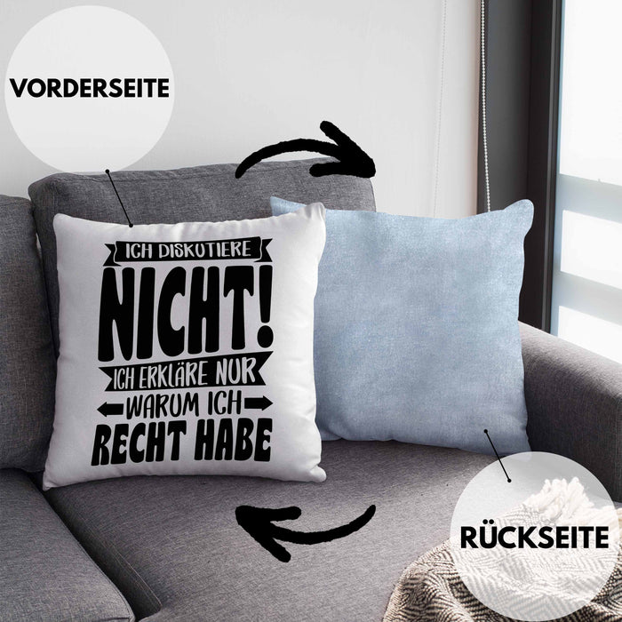 Lustige Kissen mit Füllung 40x40 Besserwisser Mit Spruch Ich Diskutiere Nicht Ich Erkläre Nur Warum Ich Recht Habe Sprüche Geschenkidee Kollege (Grau) Blau Trendation
