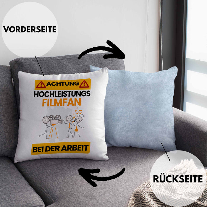 Filmfan Kissen mit Füllung 40x40 Geschenk Lustiger Spruch Geschenkidee für Filmfan Achtung Hochleistungs Filmfan Bei Der Arbeit (Grau) Blau Trendation