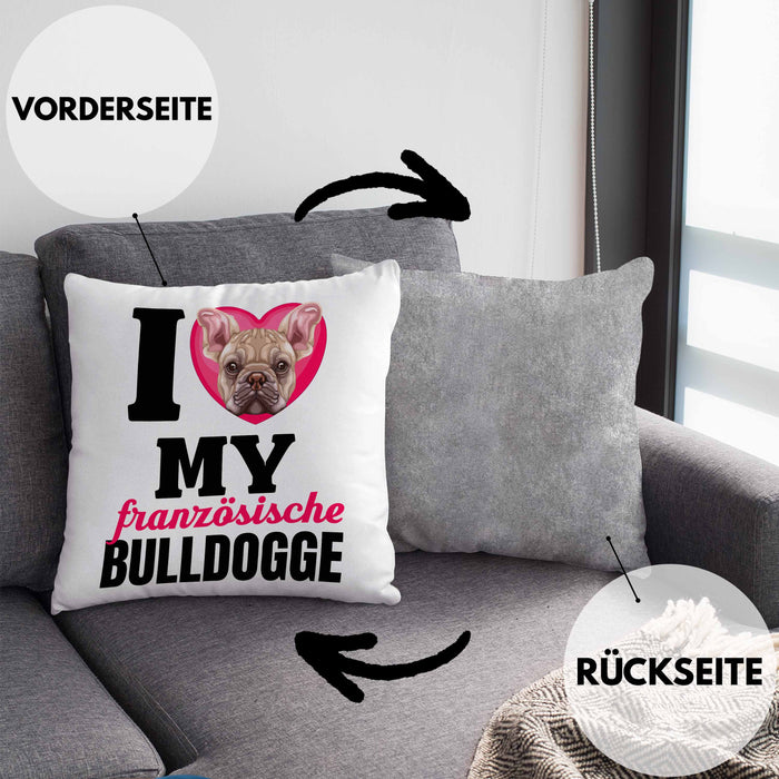 Französische Bulldogge Besitzerin Kissen mit Füllung 40x40 Geschenk Lustiger Spruch Geschenkidee I Love My Französische Bulldogge (Grau) Grau Trendation