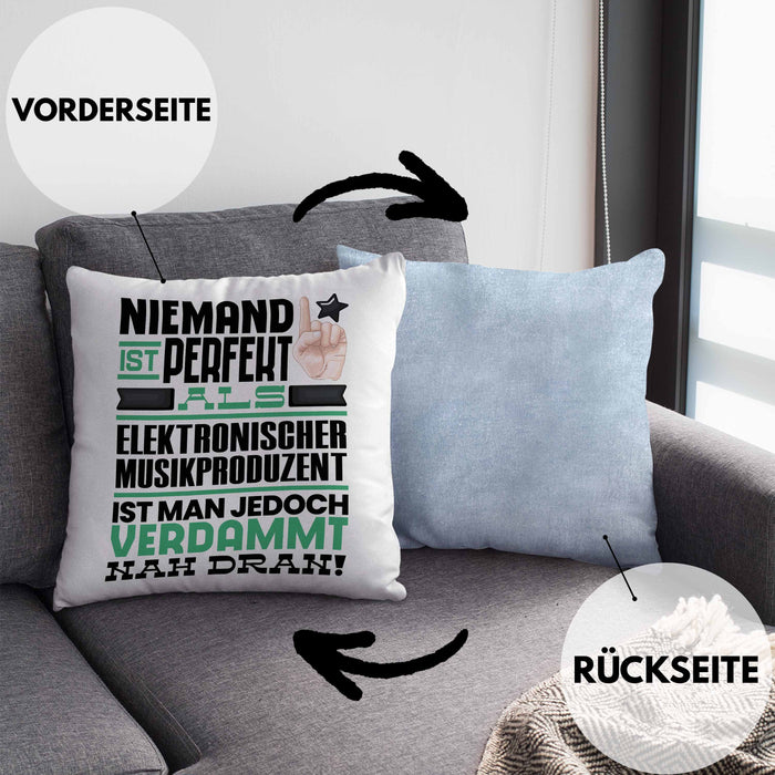 Elektronischer Musikproduzent Geschenk Kissen mit Füllung 40x40 Lustige Geschenkidee für Elektronischer Musikproduzent Geburtstag Niemand Ist Perfekt Aber Als Elektronischer Musikproduzent Ist Man Nah Dran (Grau) Blau Trendation